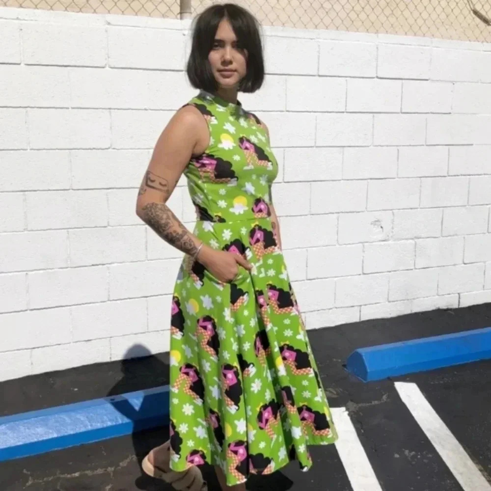 Nooworks Dahlia Dress Midi Green Checkered Ladies XS USA Sleeveless Pockets